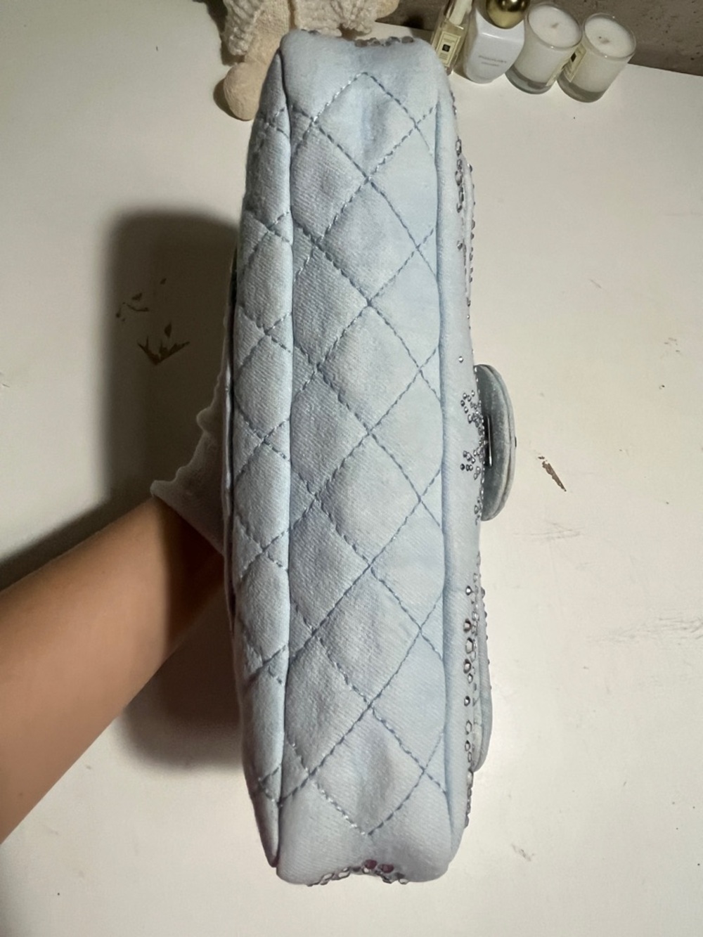 CHANEL Light Blue Quilted Crystal-Studded Shoulder Bag - Picture 6 of 16